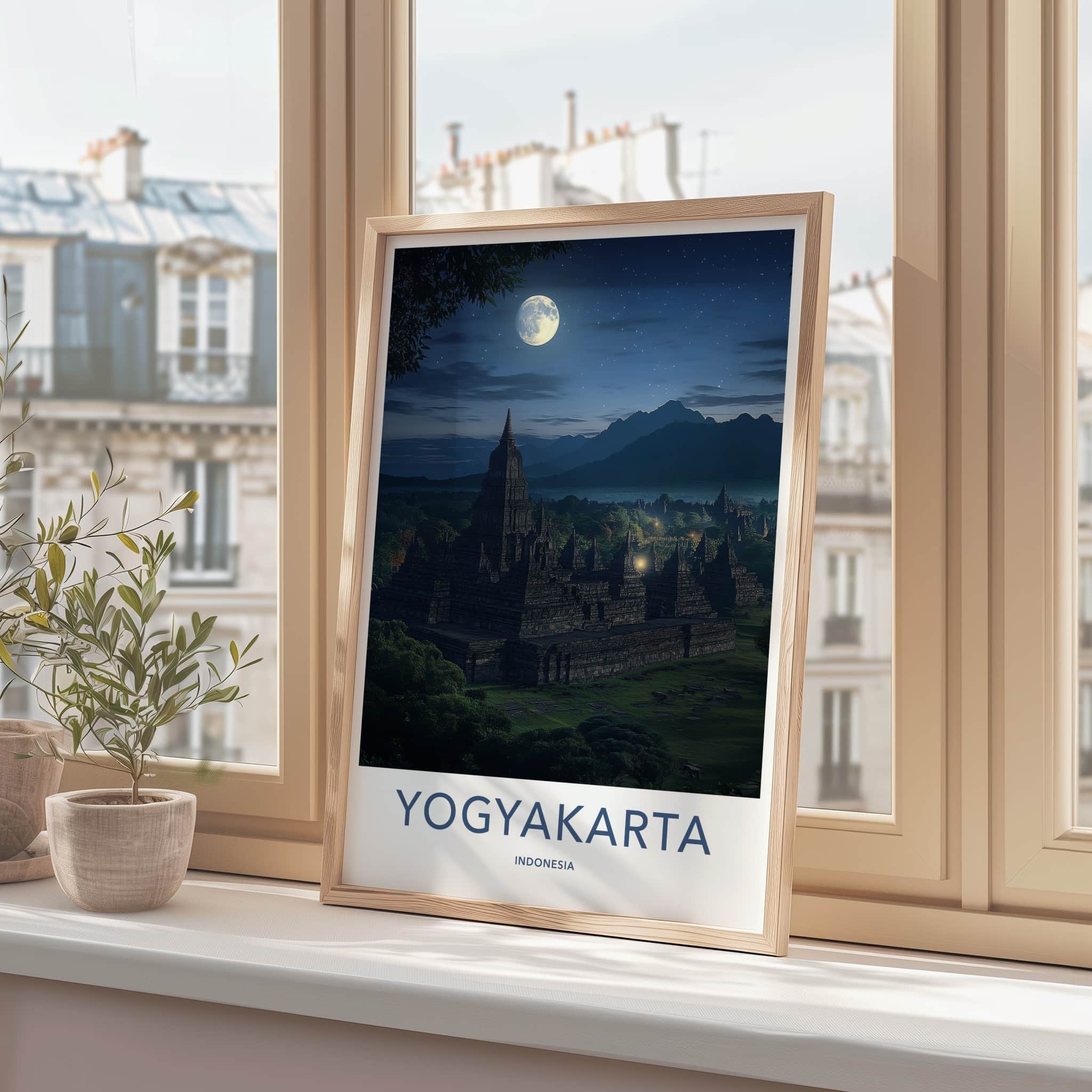 Yogyakarta Poster - Indonesia Travel Art - Moonlit Temple Complex Home Decor