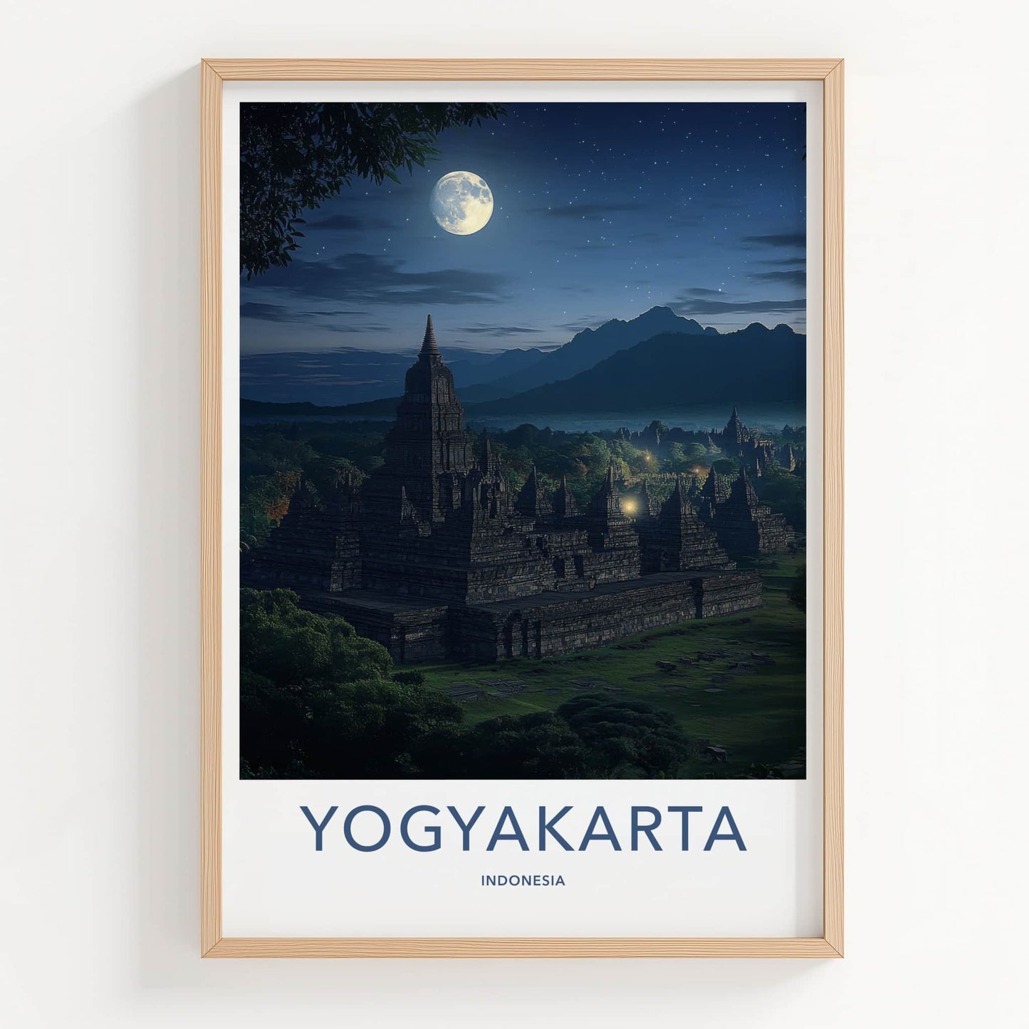 Yogyakarta Poster - Indonesia Travel Art - Moonlit Temple Complex Home Decor