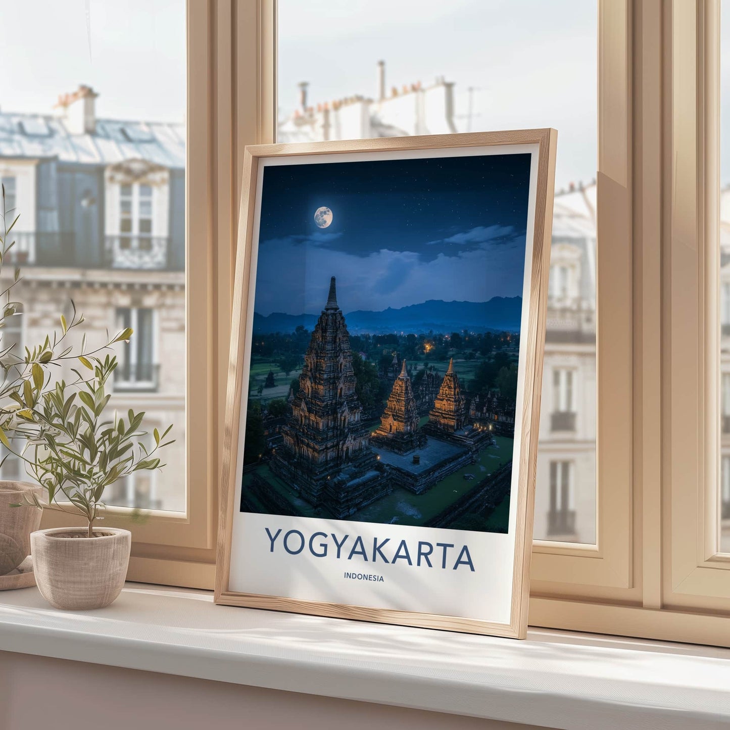 Yogyakarta Poster - Indonesia Travel Art - Moonlit Temple Complex Home Decor