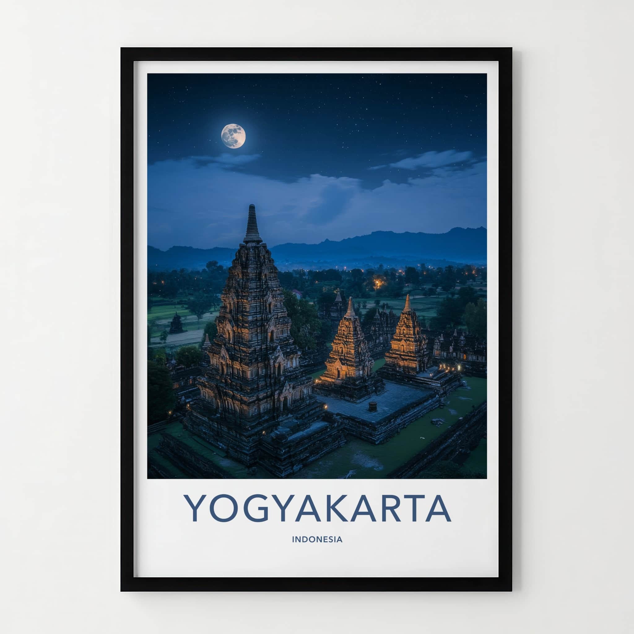 Yogyakarta Poster - Indonesia Travel Art - Moonlit Temple Complex Home Decor