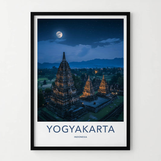 Yogyakarta Poster - Indonesia Travel Art - Moonlit Temple Complex Home Decor