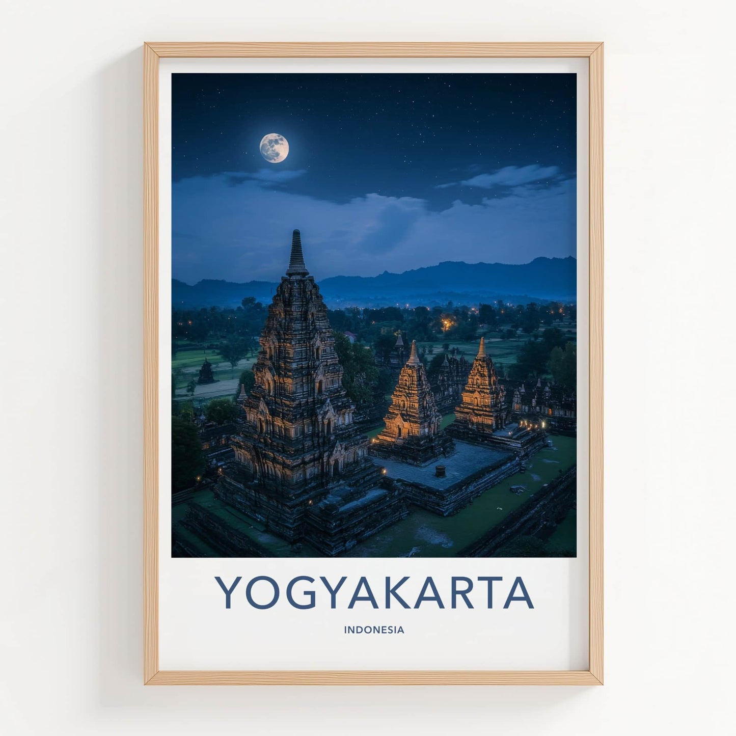 Yogyakarta Poster - Indonesia Travel Art - Moonlit Temple Complex Home Decor