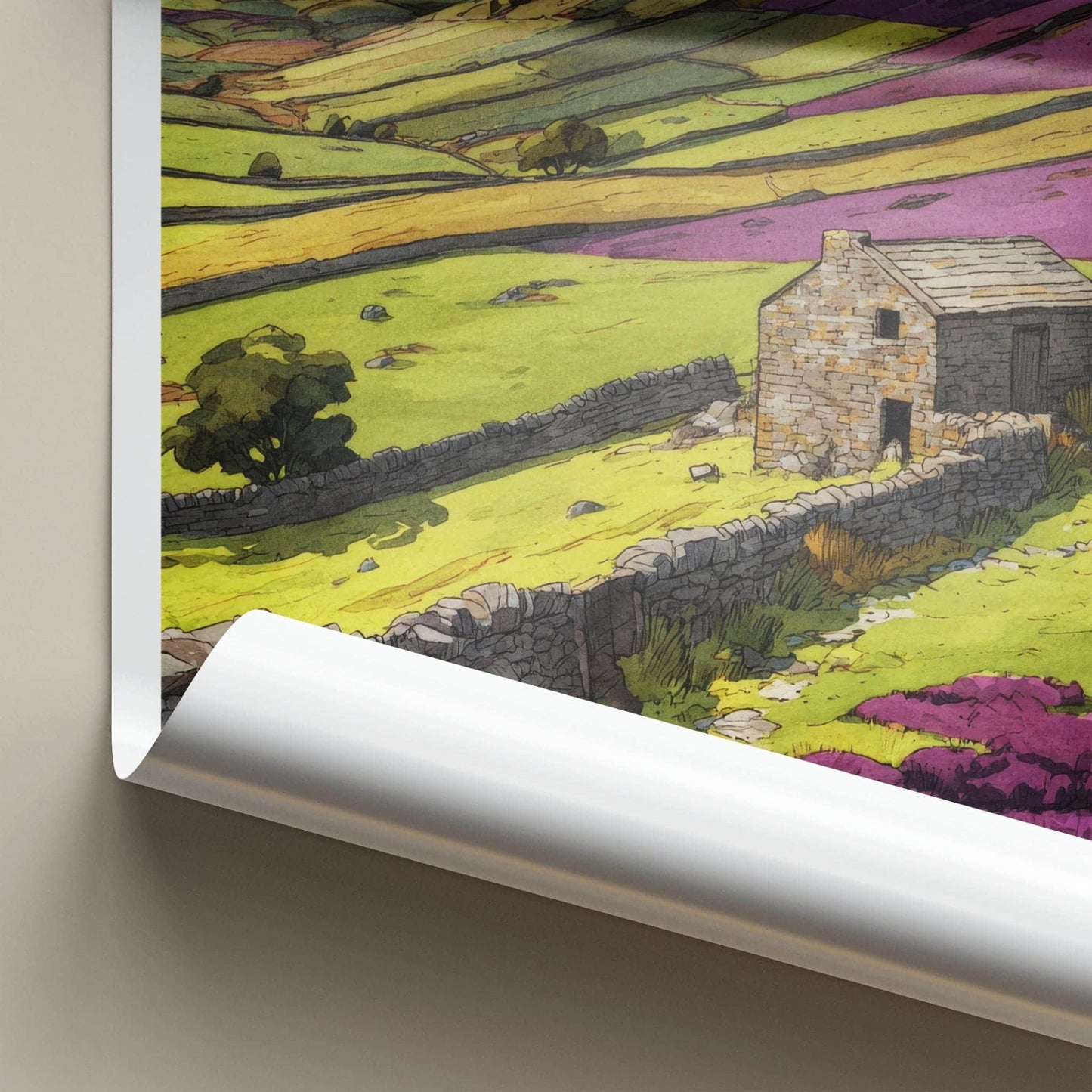 Yorkshire Dales Poster - United Kingdom Travel Art - Stone Cottage Heather Home Decor