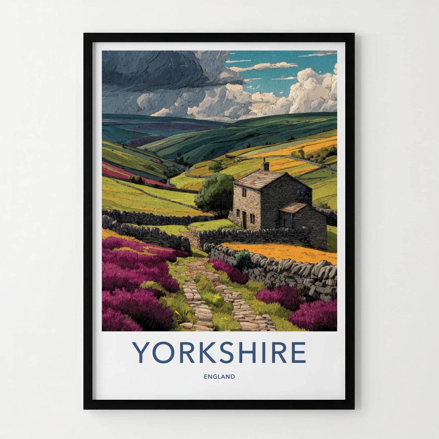 Yorkshire Poster - England Framed Art - Stone Cottage Vista Wall Decor