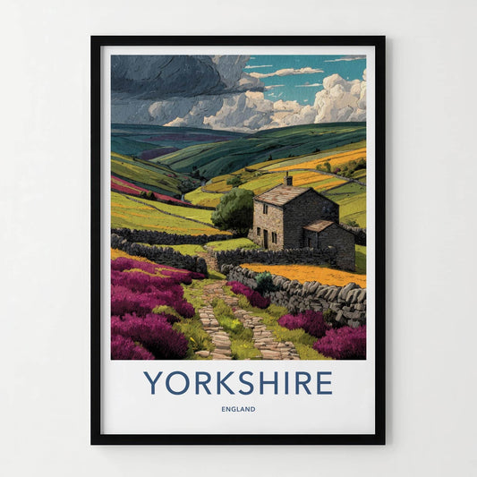 Yorkshire Poster - England Framed Art - Stone Cottage Vista Wall Decor