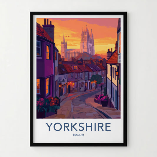 Yorkshire Poster - England Travel Art - Cobbled Street Cathedral Home Decor