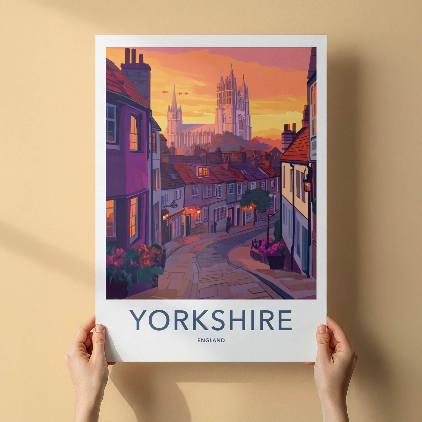 Yorkshire Poster - England Travel Art - Cobbled Street Cathedral Home Decor