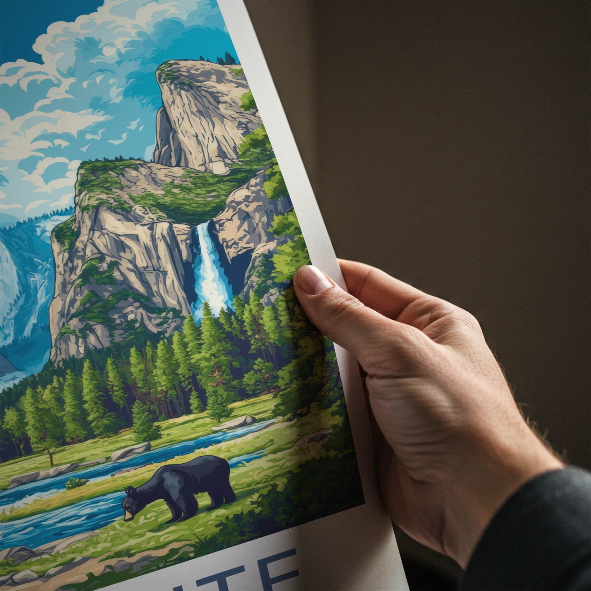 Yosemite National Park Poster - California Travel Art - Cliffs Waterfalls Bears Wall Decor