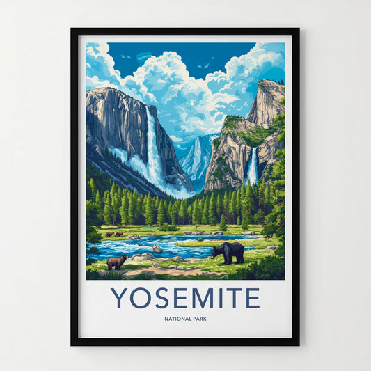 Yosemite National Park Poster - California Travel Art - Cliffs Waterfalls Bears Wall Decor