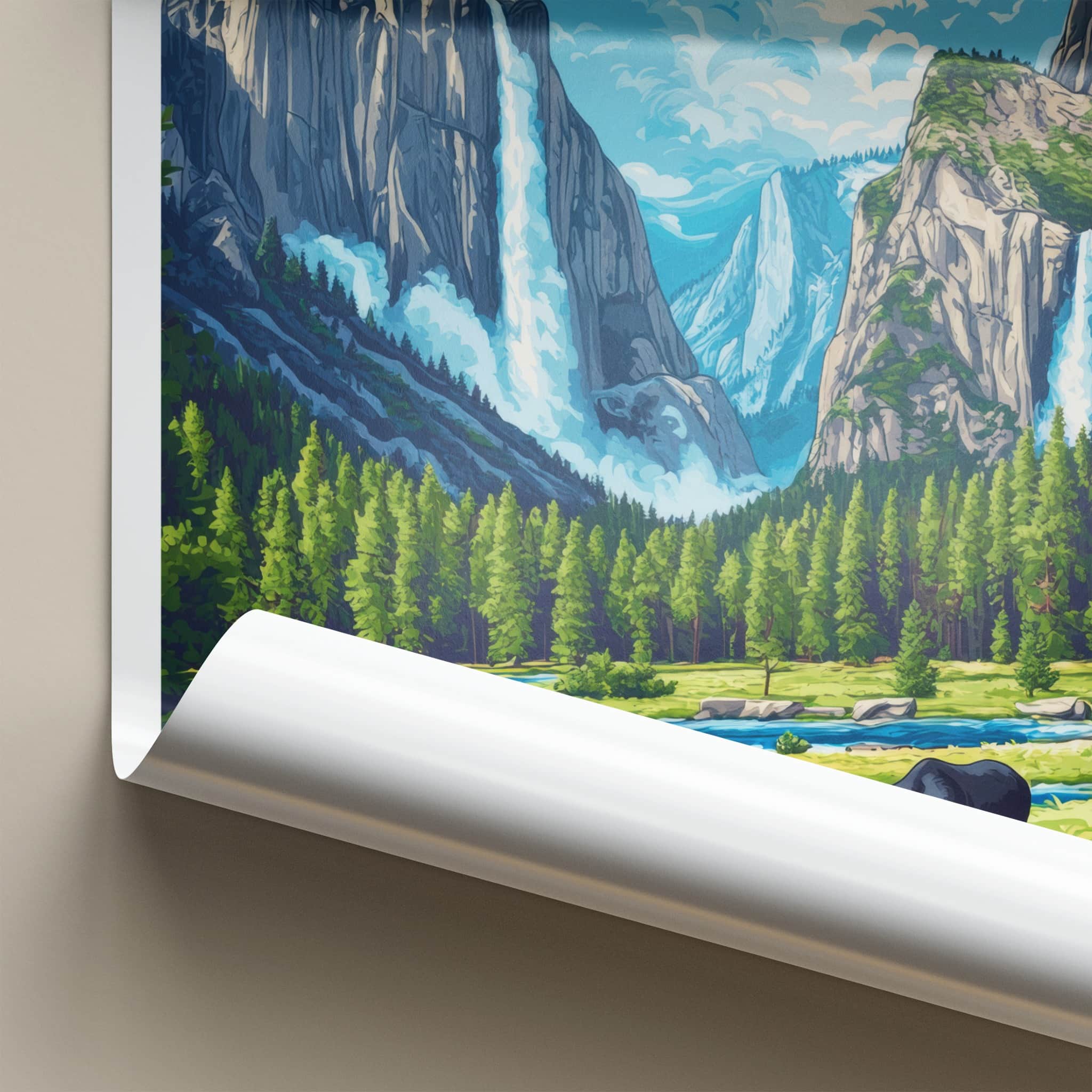 Yosemite National Park Poster - California Travel Art - Cliffs Waterfalls Bears Wall Decor