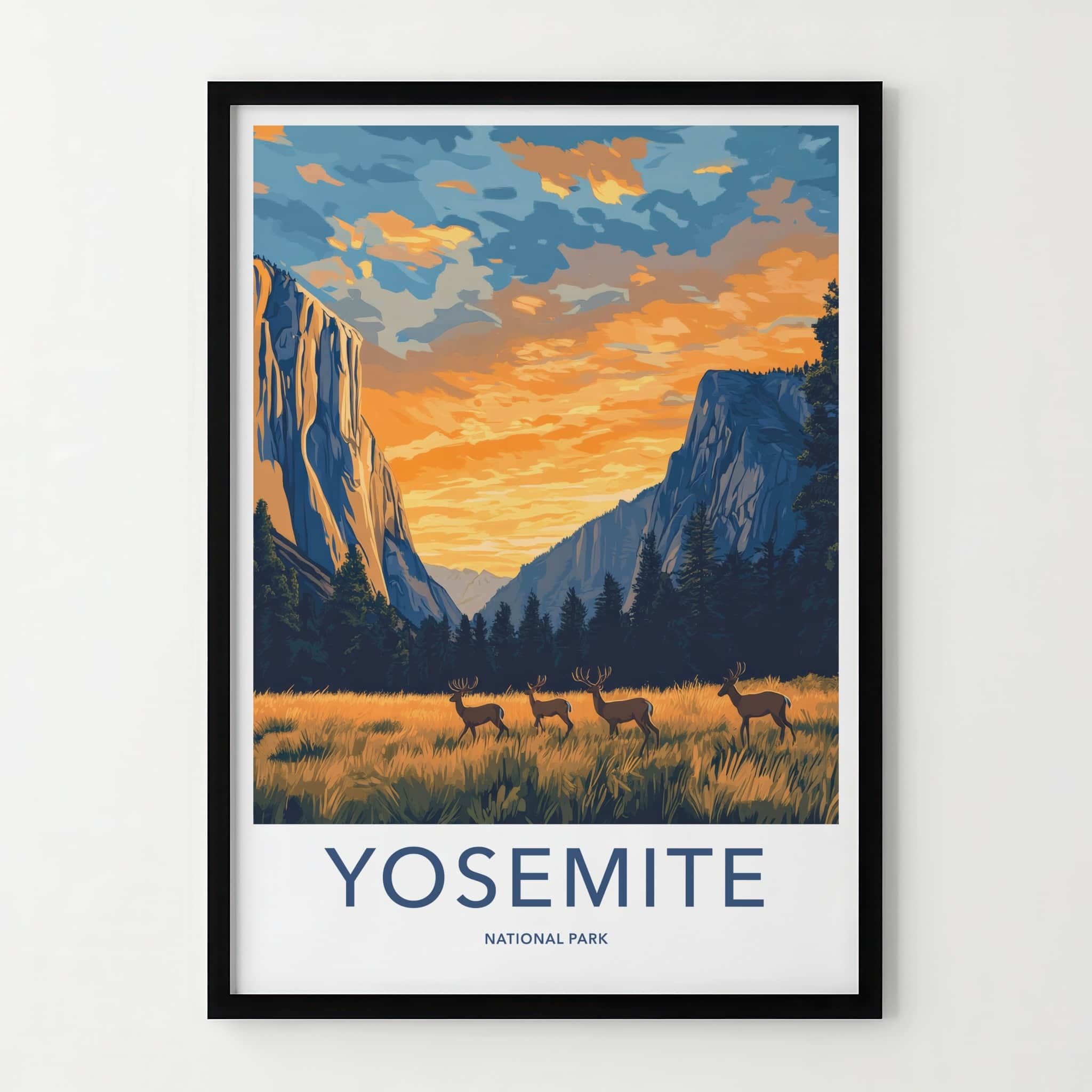 Yosemite National Park Poster - California Travel Art - Grazing Deer Valley Home Decor