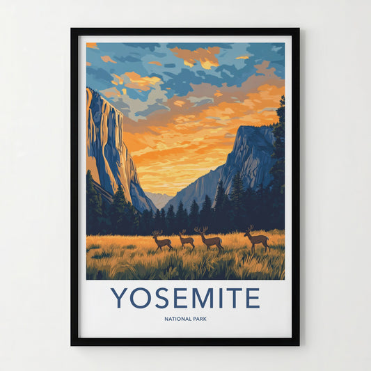 Yosemite National Park Poster - California Travel Art - Grazing Deer Valley Home Decor