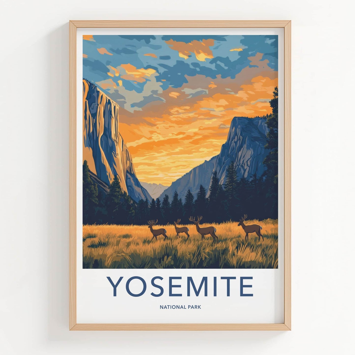 Yosemite National Park Poster - California Travel Art - Grazing Deer Valley Home Decor