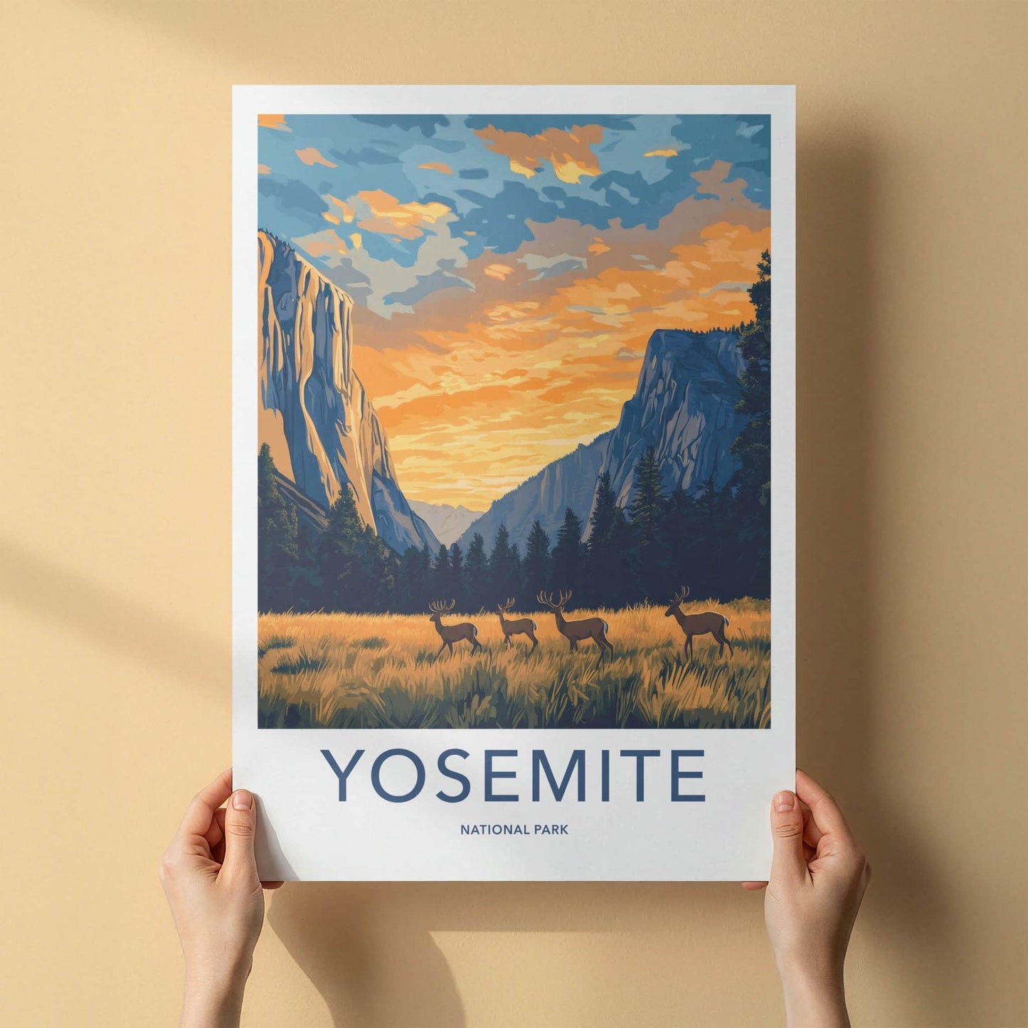 Yosemite National Park Poster - California Travel Art - Grazing Deer Valley Home Decor