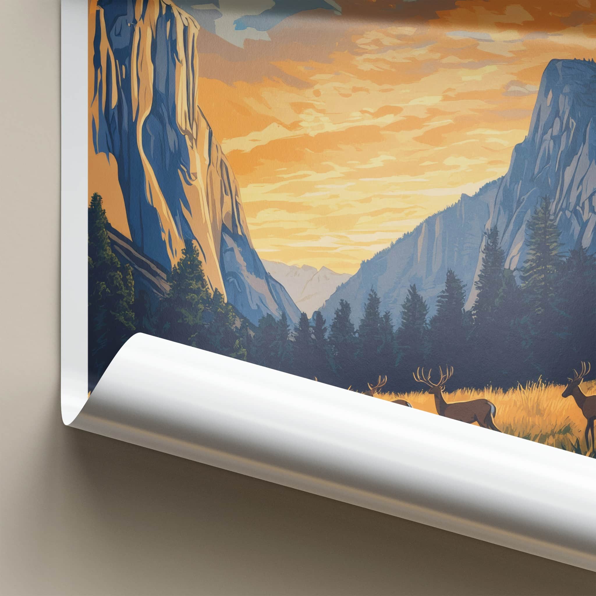 Yosemite National Park Poster - California Travel Art - Grazing Deer Valley Home Decor