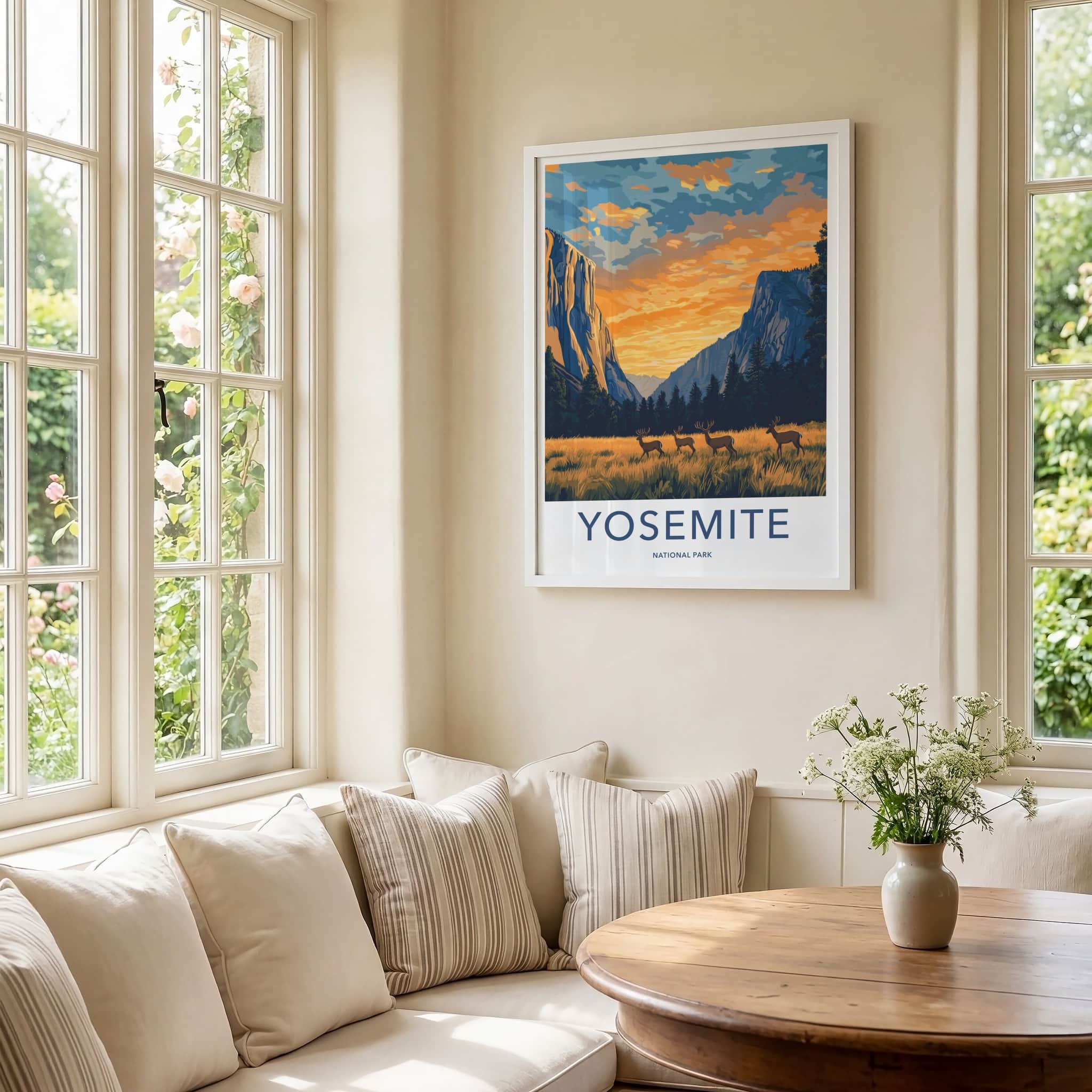 Yosemite National Park Poster - California Travel Art - Grazing Deer Valley Home Decor
