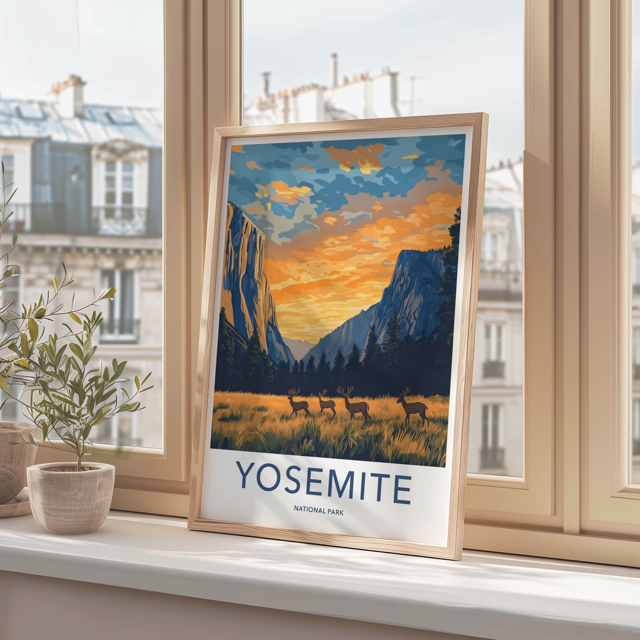 Yosemite National Park Poster - California Travel Art - Grazing Deer Valley Home Decor