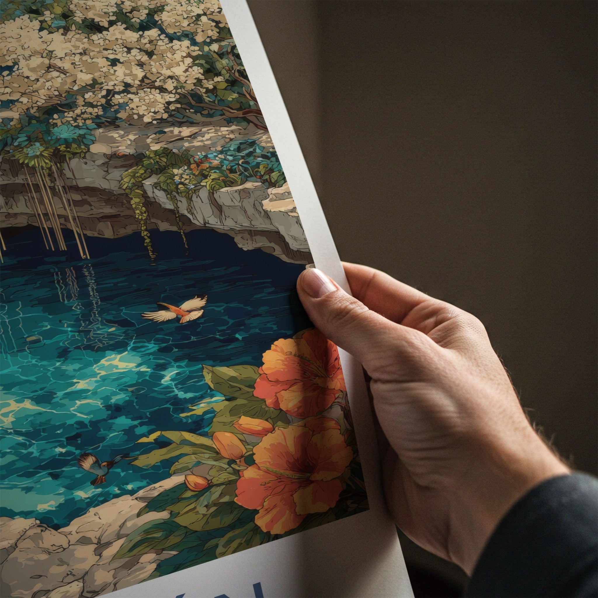 Yucatan Poster - Mexico Travel Art - Cenote Tropical Birds Gift