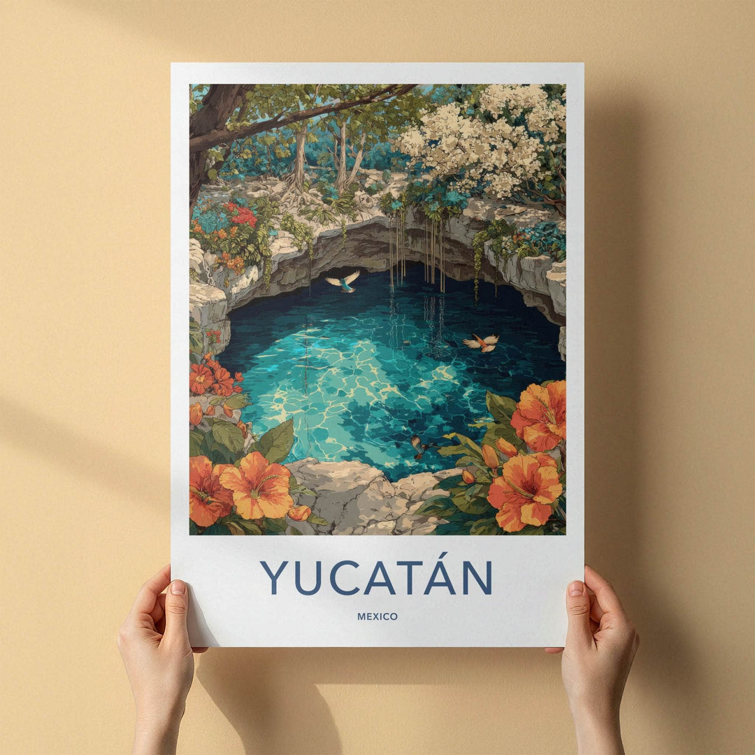 Yucatan Poster - Mexico Travel Art - Cenote Tropical Birds Gift
