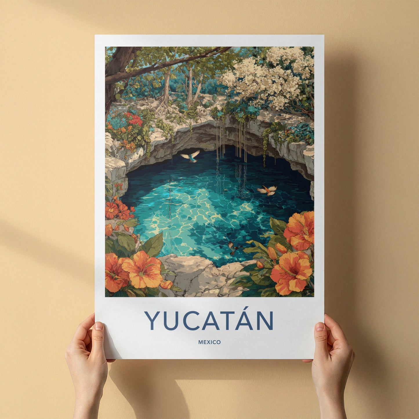 Yucatan Poster - Mexico Travel Art - Cenote Tropical Birds Gift
