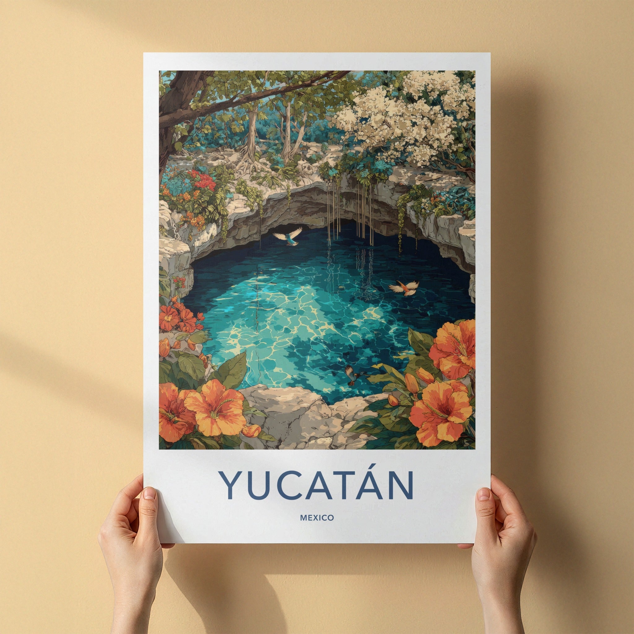 Yucatan Poster - Mexico Travel Art - Cenote Tropical Birds Gift