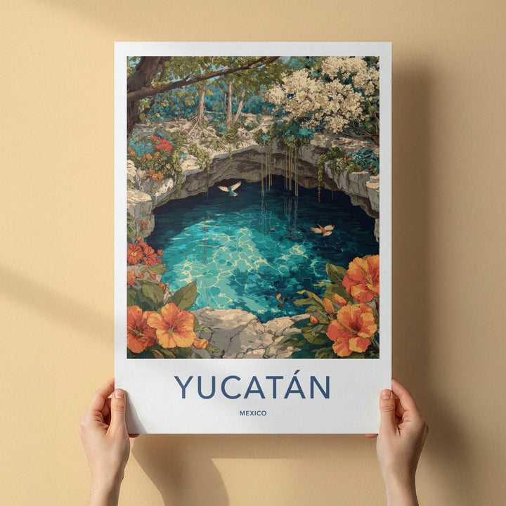 Yucatan Poster - Mexico Travel Art - Cenote Tropical Birds Gift