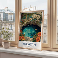 Yucatan Poster - Mexico Travel Art - Cenote Tropical Birds Gift