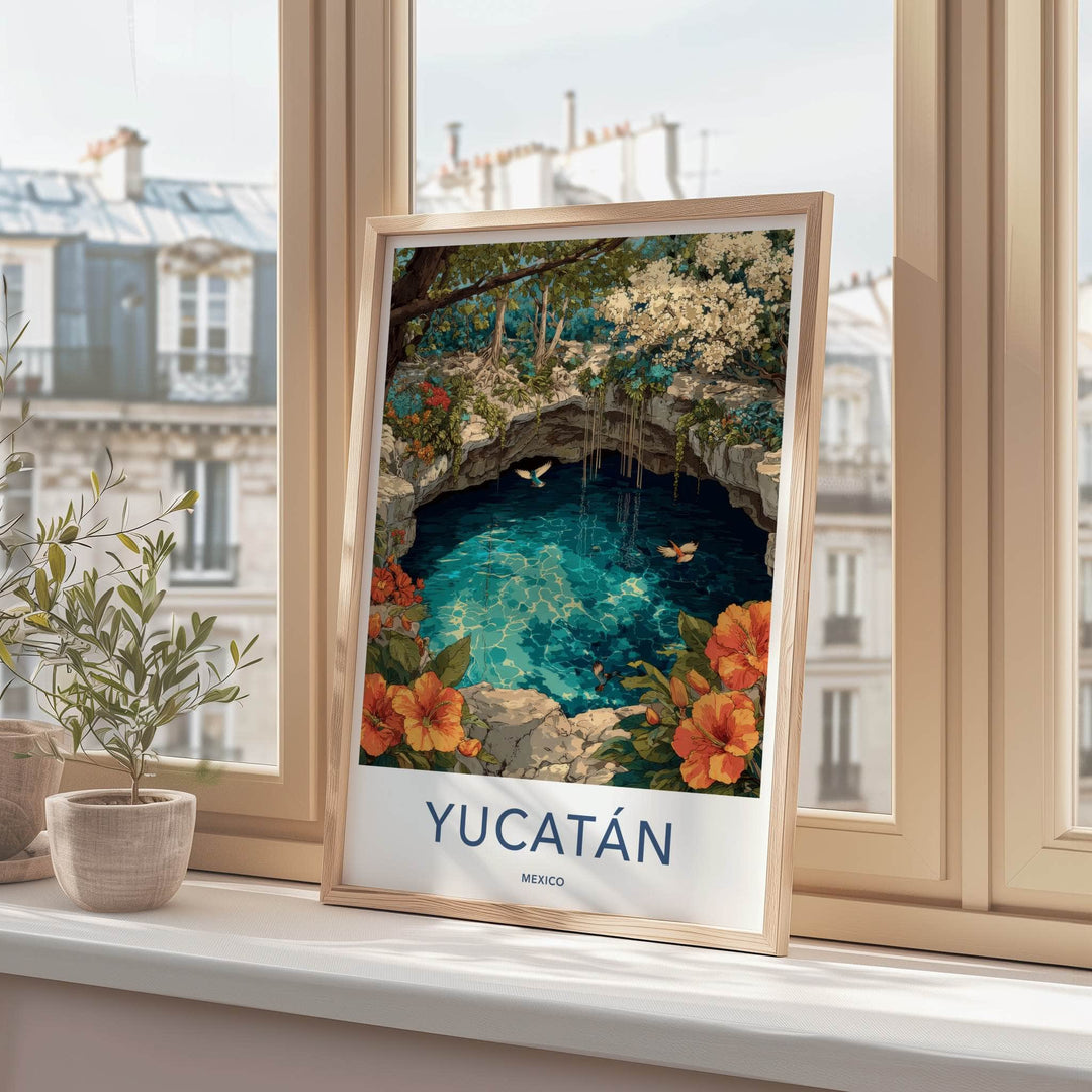 Yucatan Poster - Mexico Travel Art - Cenote Tropical Birds Gift