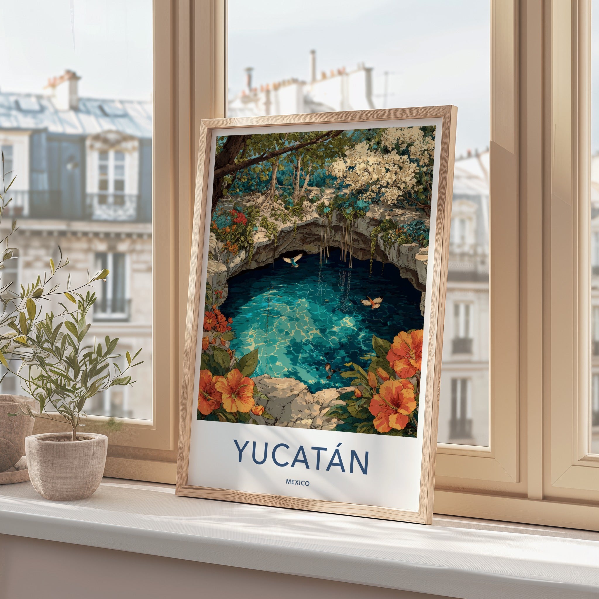 Yucatan Poster - Mexico Travel Art - Cenote Tropical Birds Gift