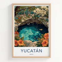 Yucatan Poster - Mexico Travel Art - Cenote Tropical Birds Gift