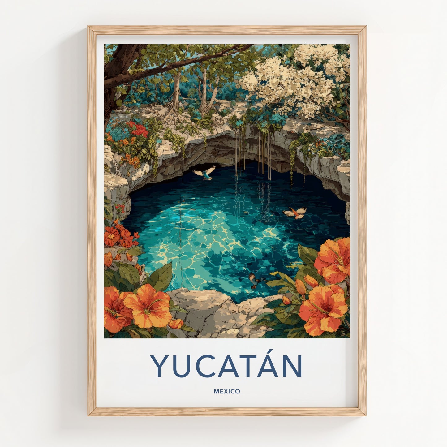 Yucatan Poster - Mexico Travel Art - Cenote Tropical Birds Gift