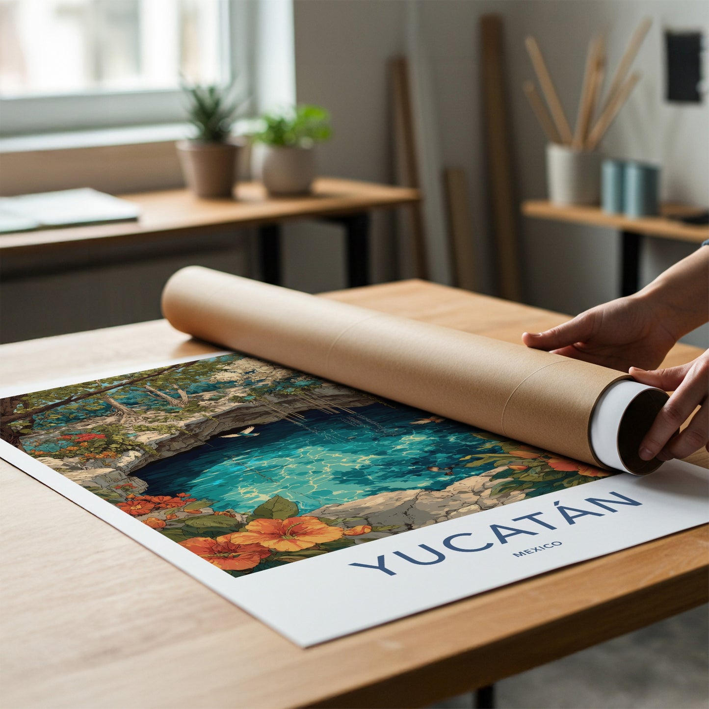 Yucatan Poster - Mexico Travel Art - Cenote Tropical Birds Gift