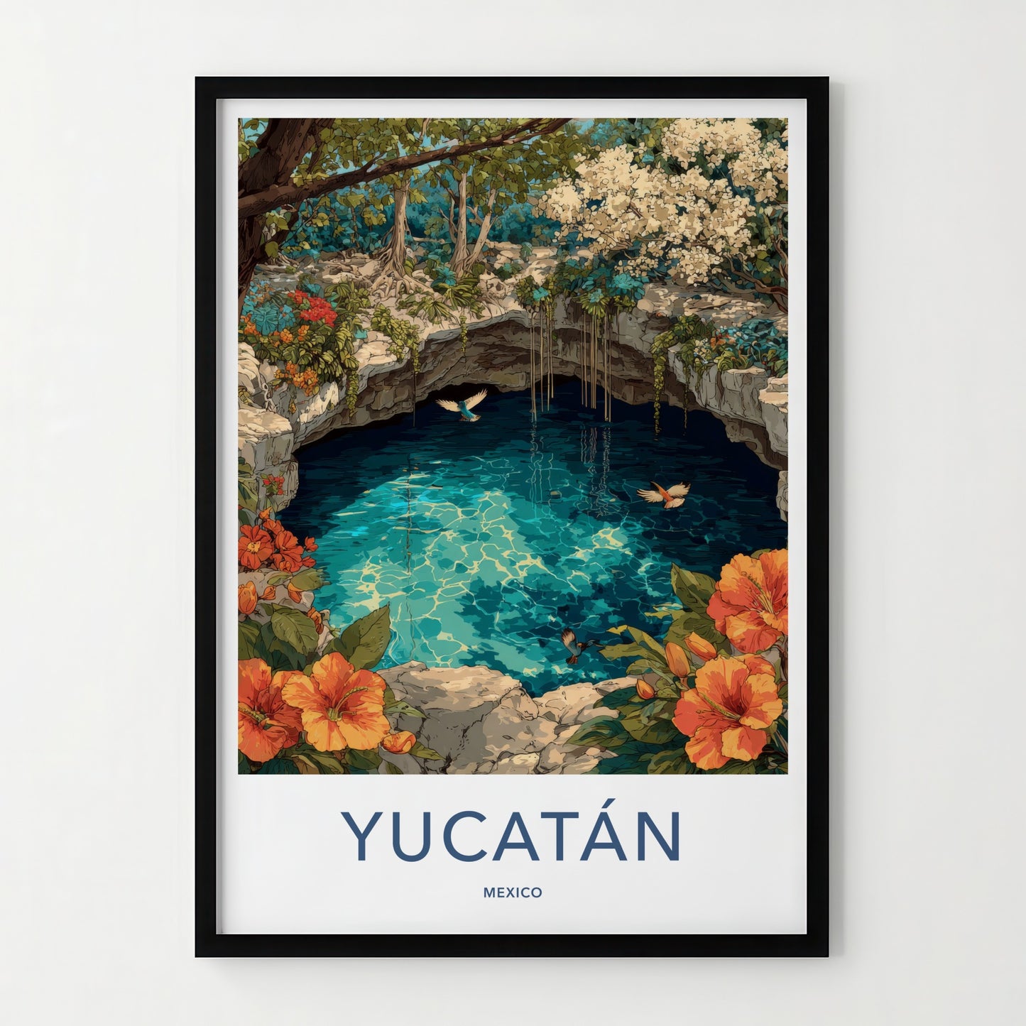 Yucatan Poster - Mexico Travel Art - Cenote Tropical Birds Gift