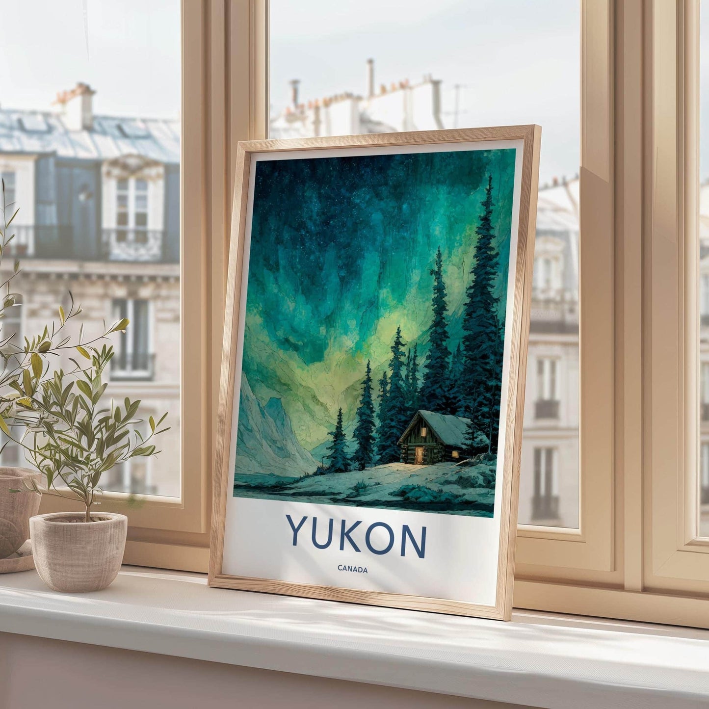 Yukon Poster - Canada Framed Art - Aurora Forest Cabin Framed Decor