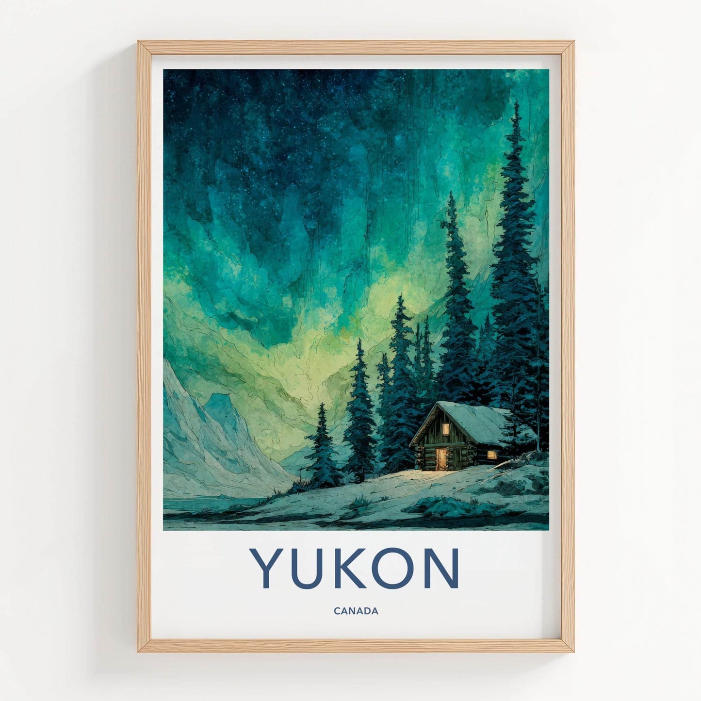 Yukon Poster - Canada Framed Art - Aurora Forest Cabin Framed Decor