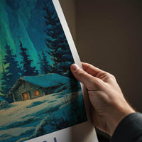 Yukon Poster - Canada Travel Art - Moonlit Cabin Aurora Home Decor