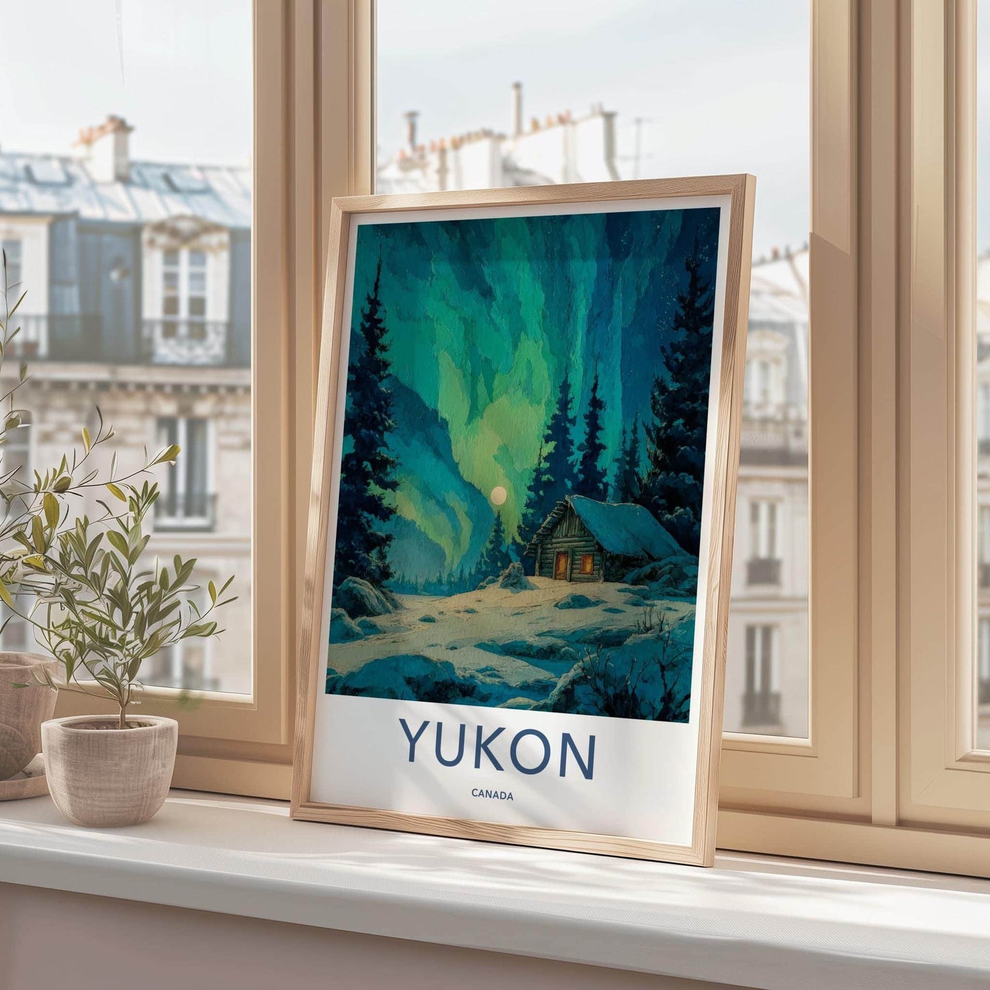 Yukon Poster - Canada Travel Art - Moonlit Cabin Aurora Home Decor
