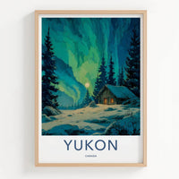 Yukon Poster - Canada Travel Art - Moonlit Cabin Aurora Home Decor