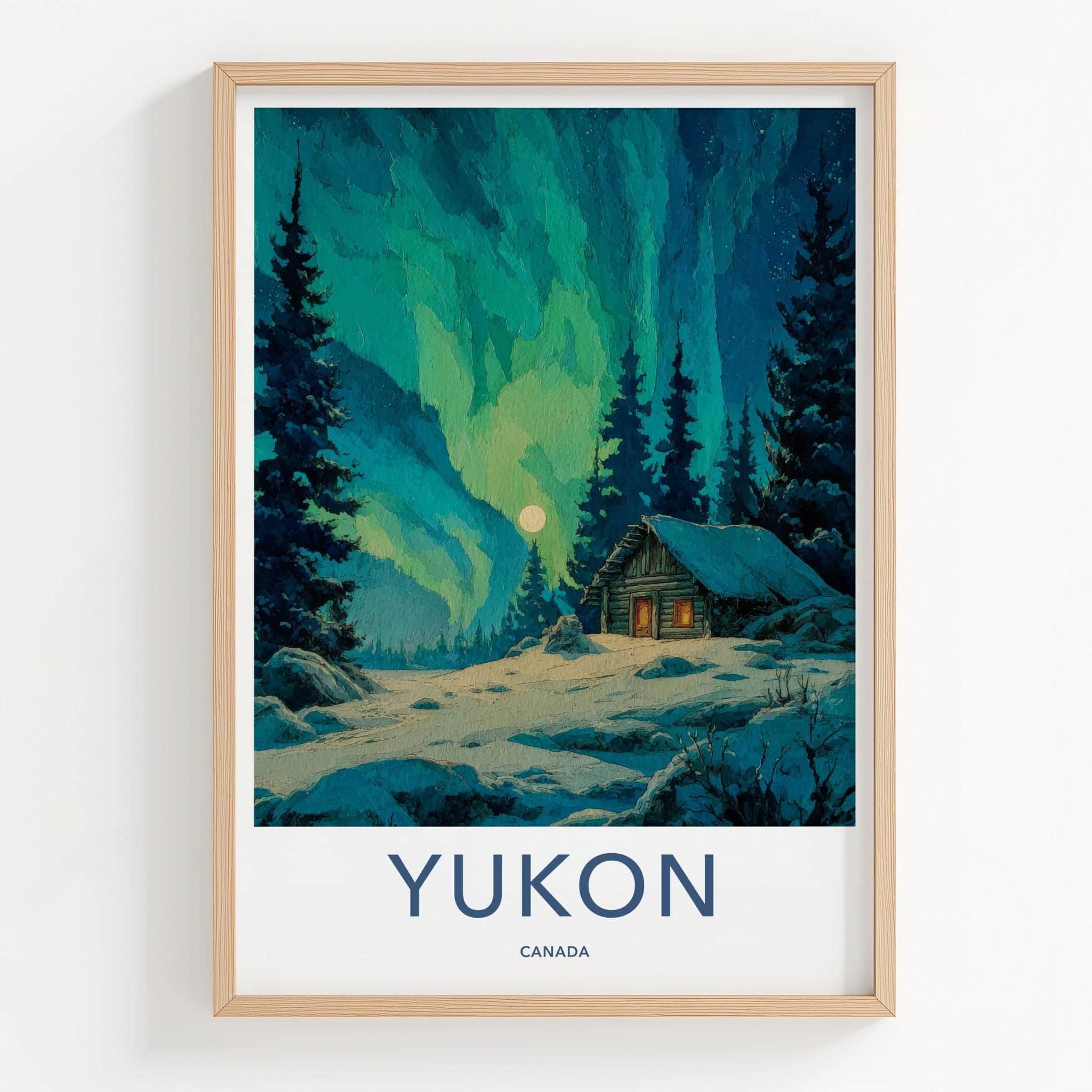 Yukon Poster - Canada Travel Art - Moonlit Cabin Aurora Home Decor