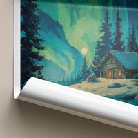 Yukon Poster - Canada Travel Art - Moonlit Cabin Aurora Home Decor