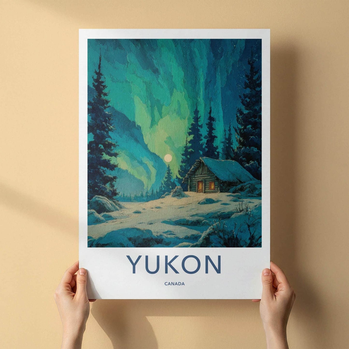 Yukon Poster - Canada Travel Art - Moonlit Cabin Aurora Home Decor