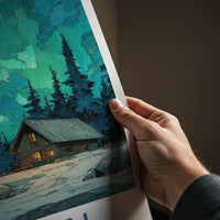 Yukon Poster - Canada Travel Art - Northern Lights Cabin Wall Decor