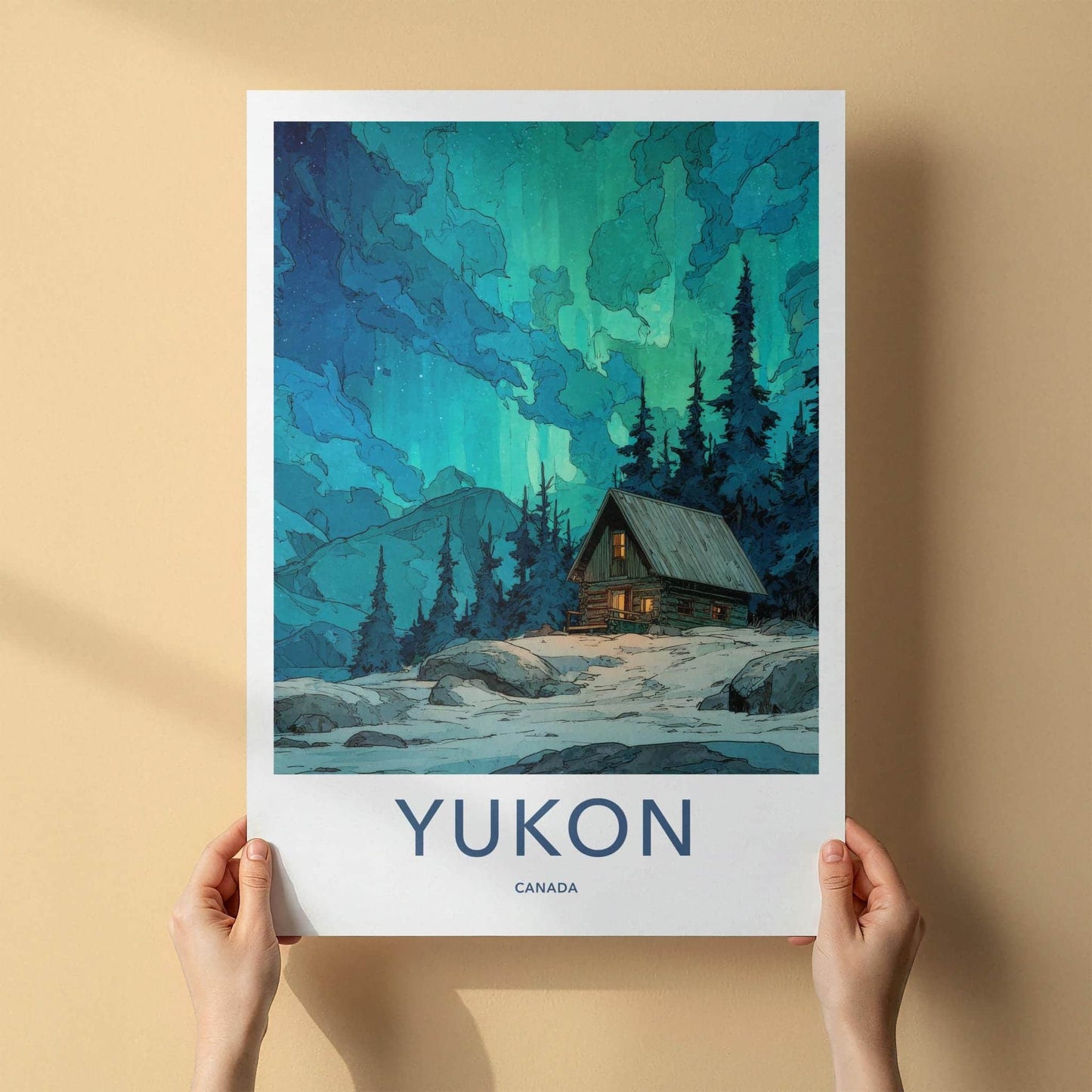 Yukon Poster - Canada Travel Art - Northern Lights Cabin Wall Decor