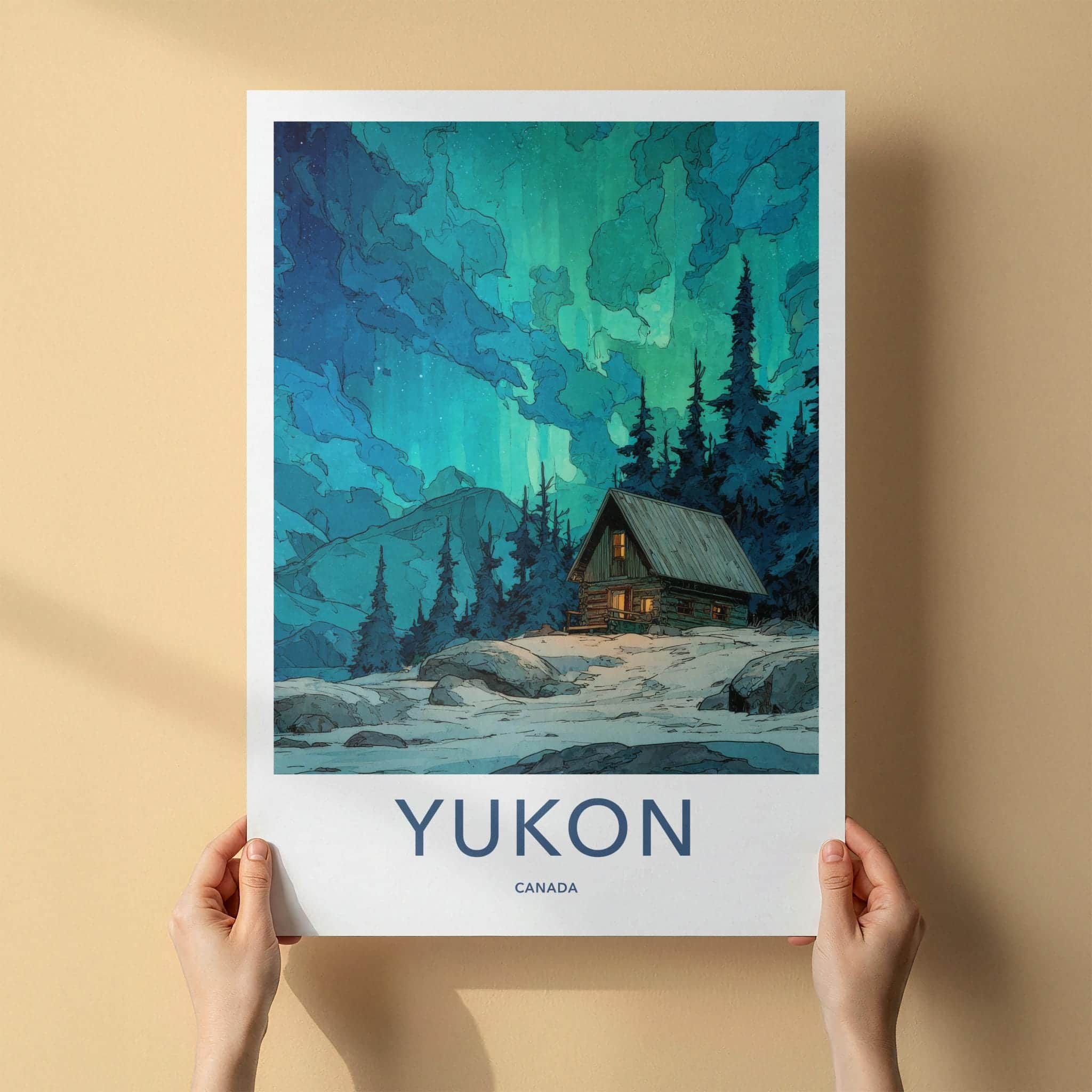 Yukon Poster - Canada Travel Art - Northern Lights Cabin Wall Decor
