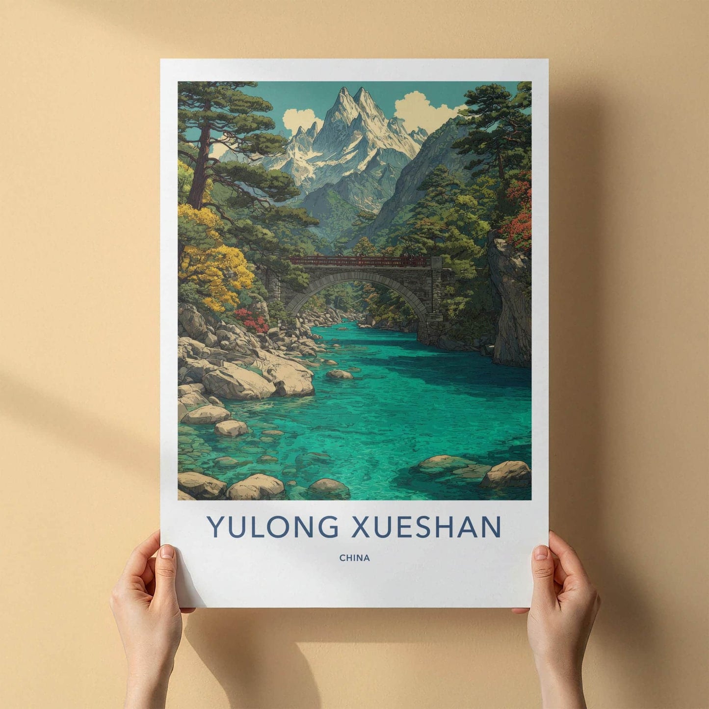 Yulong Xueshan Poster - China Travel Art - Mountain River Bridge Home Decor