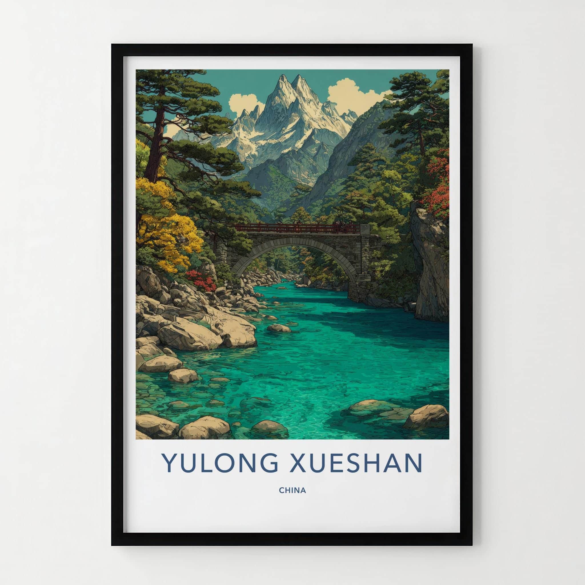 Yulong Xueshan Poster - China Travel Art - Mountain River Bridge Home Decor
