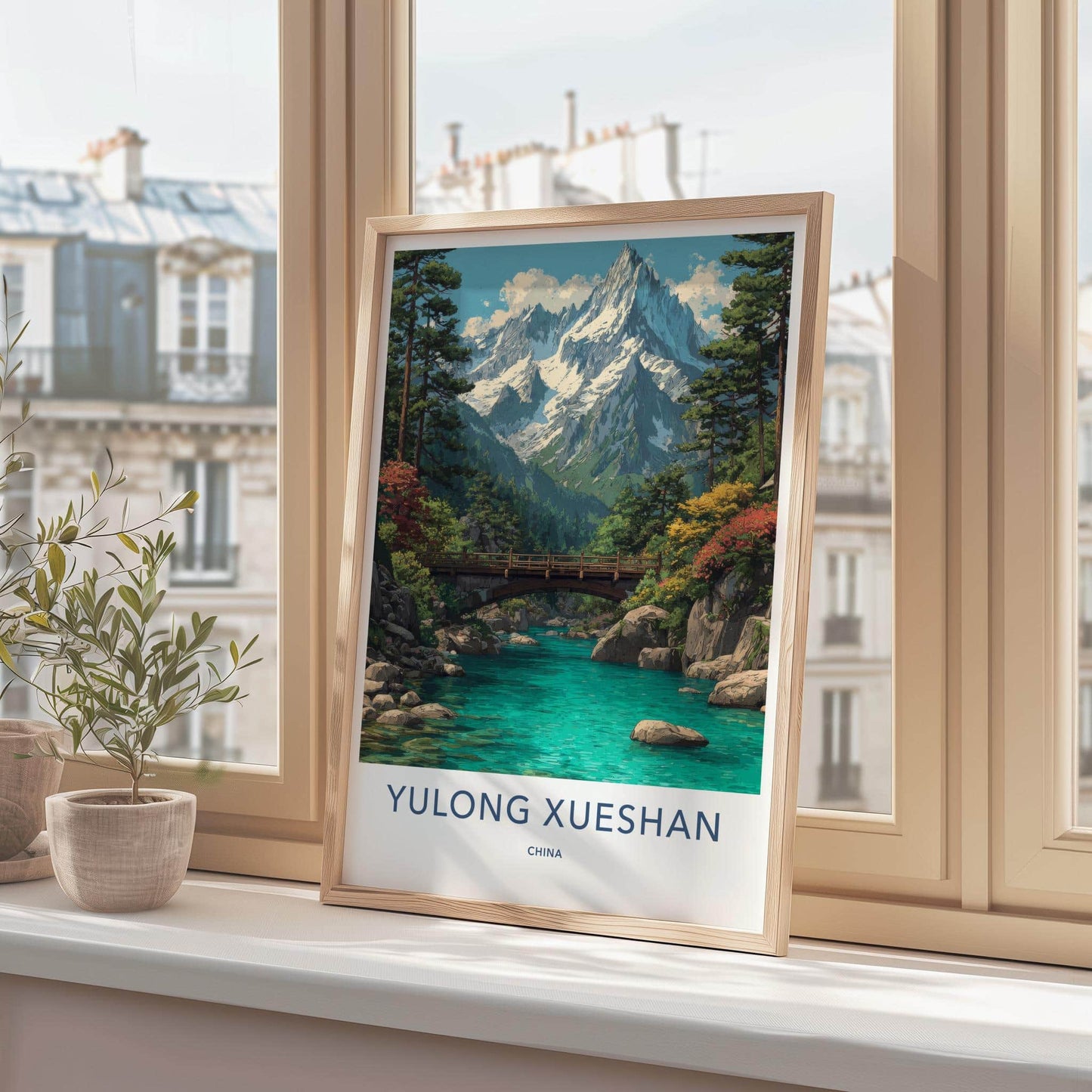 Yulong Xueshan Poster - China Travel Art - Snowy River Bridge Home Decor