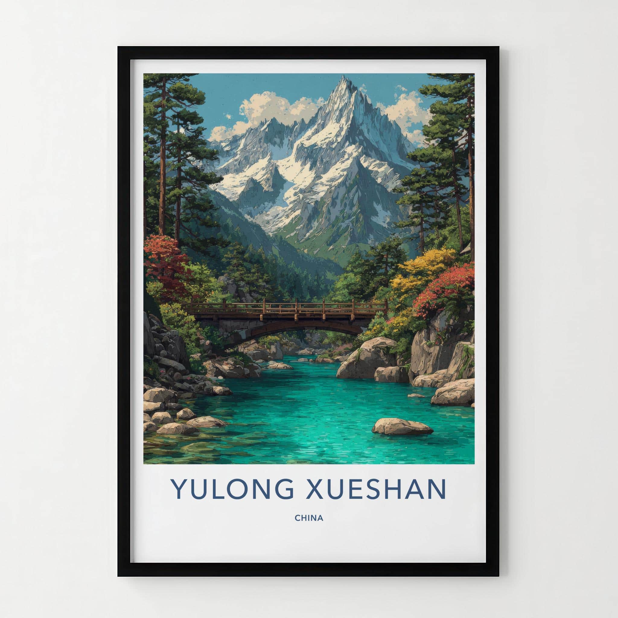 Yulong Xueshan Poster - China Travel Art - Snowy River Bridge Home Decor