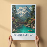 Yulong Xueshan Poster - China Travel Art - Snowy River Bridge Home Decor