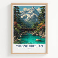 Yulong Xueshan Poster - China Travel Art - Snowy River Bridge Home Decor